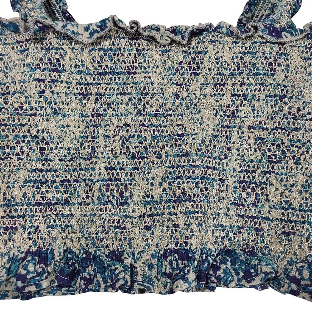 Free People Thalia Ruched Crop Top Sleeveless Square Neck Blue Purple Print - L